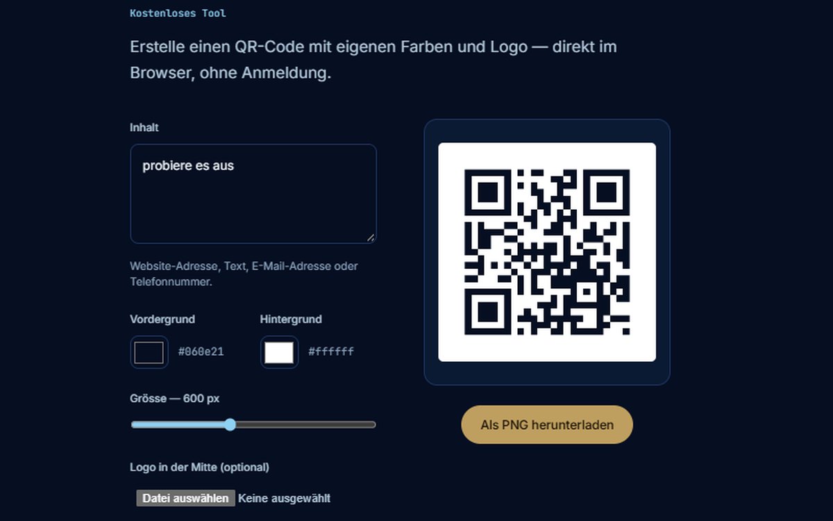 QR-Code Generator mit Eingabefeld, Farbwahl und fertigem QR-Code